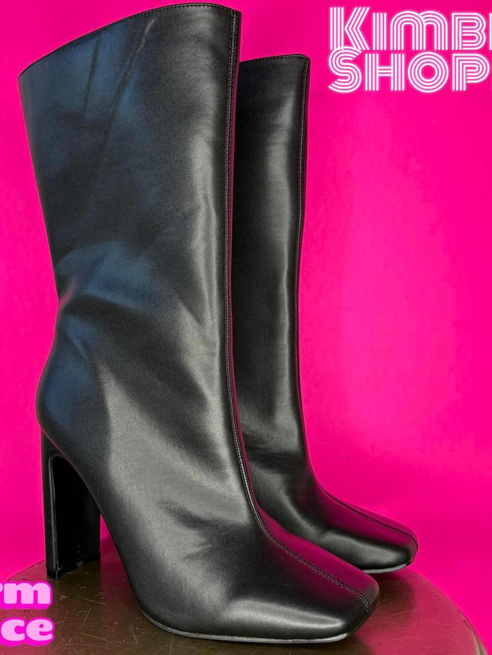 Boohoo Black Faux Leather Square Toe Wide Fit Heeled Mid Calf Boot EU 39 UK 6 W